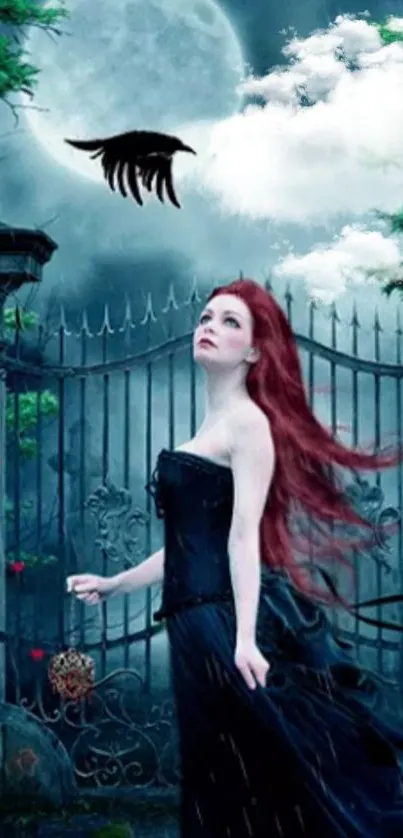 Gothic fantasy scene with red-haired figure and raven under a moonlit sky.