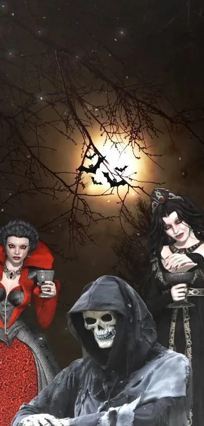 Gothic-themed wallpaper with eerie characters under a moonlit sky.