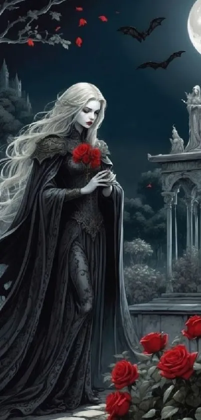 Gothic lady in moonlit garden with roses.