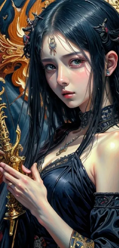 Gothic fantasy wallpaper featuring a dark-haired lady with a mystical staff.