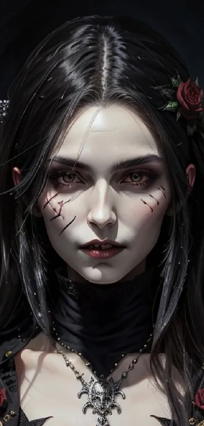 Gothic fantasy character with dark hair and roses.