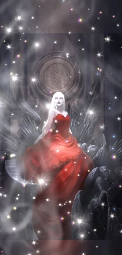 Gothic fantasy scene with red gown and mystical elements for mobile wallpaper.