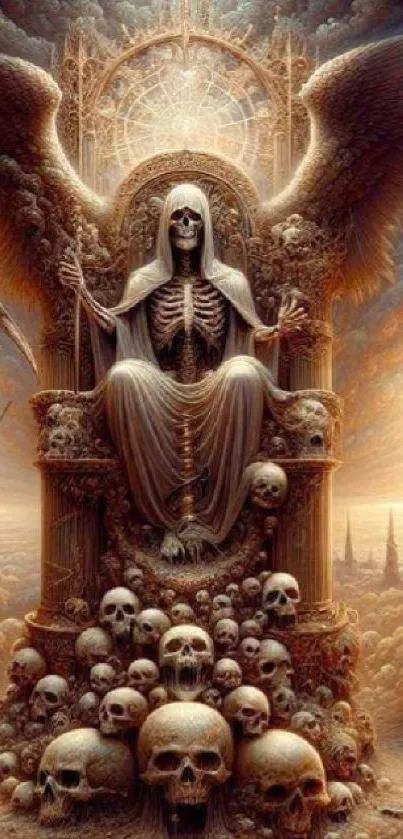 Gothic wallpaper of a skeleton sitting on a skull throne.