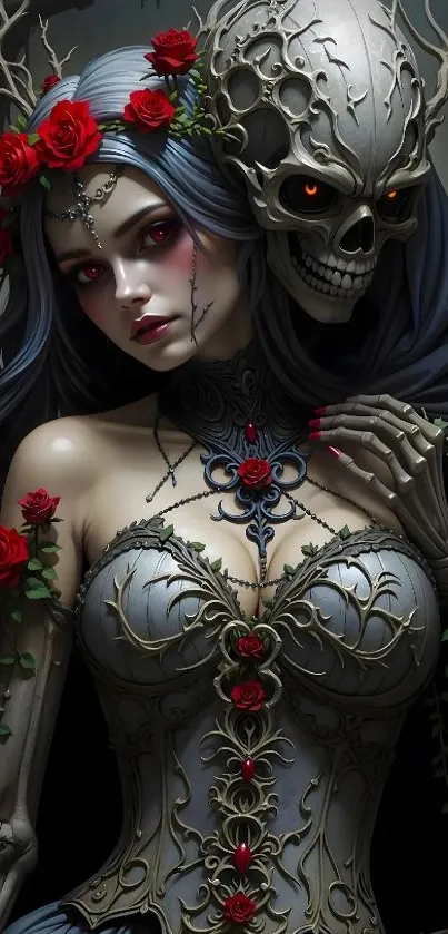 Gothic artwork featuring a skull and floral designs in a dark fantasy setting.