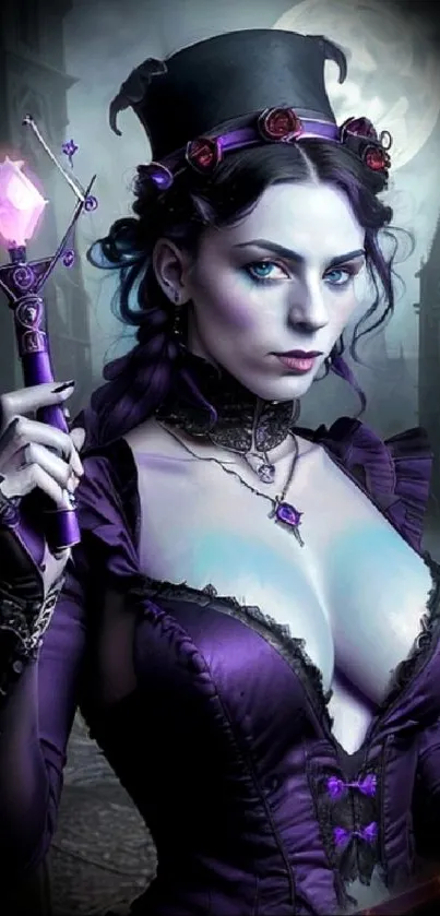 Gothic sorceress in purple attire with a magical staff in a moonlit backdrop.