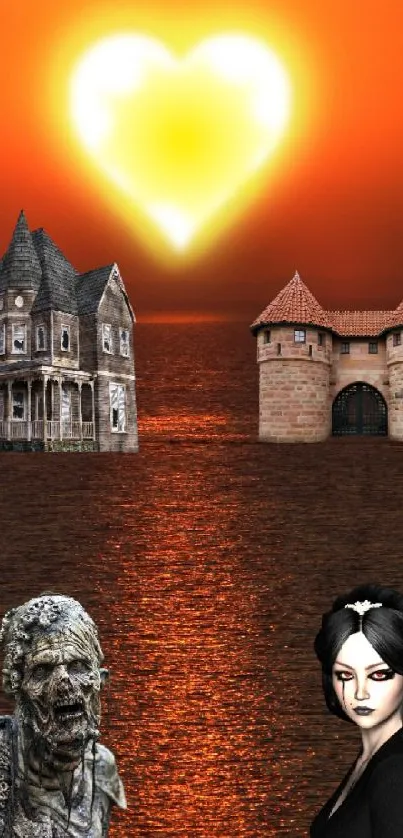 Gothic fantasy scene at sunset with eerie castles and glowing heart.