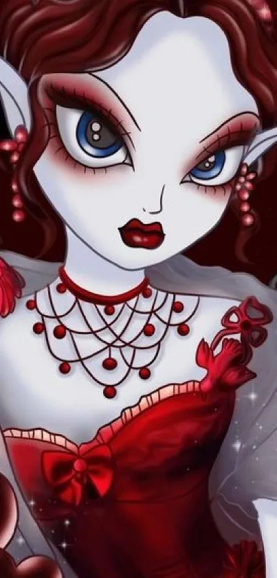 Gothic fantasy vampire with red dress and intricate details.