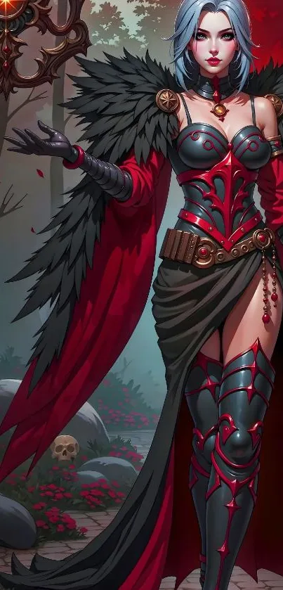 Gothic fantasy warrior woman in mystical forest.