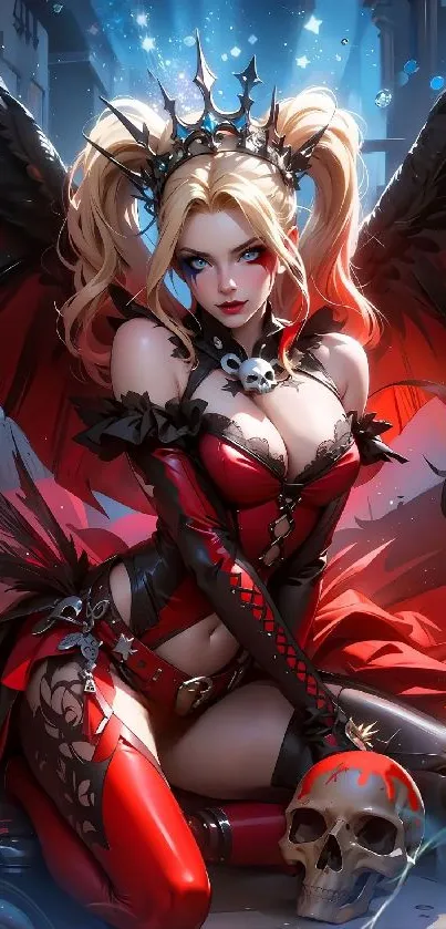 Gothic anime character with wings and skull, mystical art.