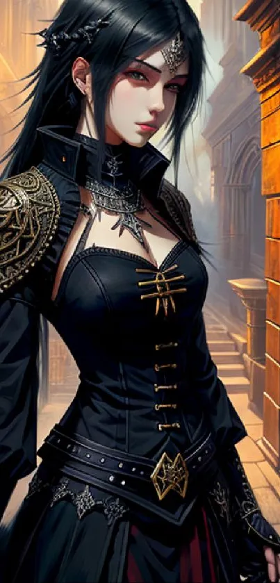 Gothic warrior princess in medieval setting with intricate armor.