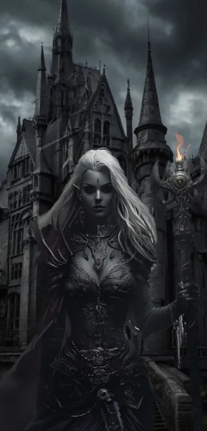 Gothic fantasy warrior stands before a castle.