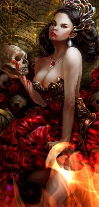 Gothic woman in red dress sitting on throne with candles and skulls.