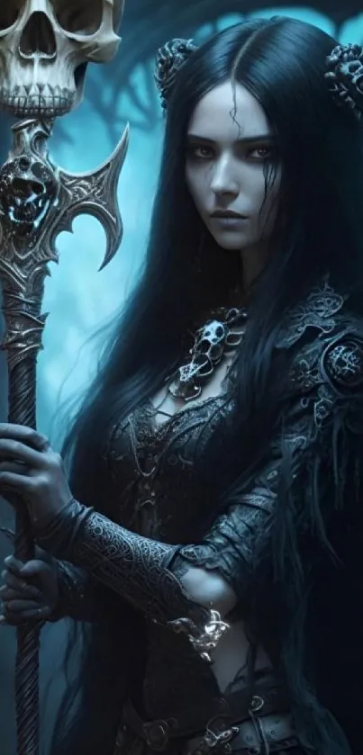 Gothic fantasy woman with intricate details in dark, mystical wallpaper.