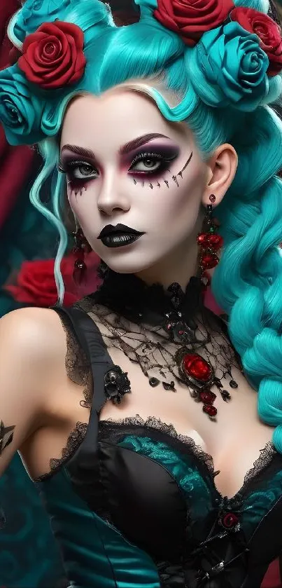 Gothic woman with teal hair and red roses.