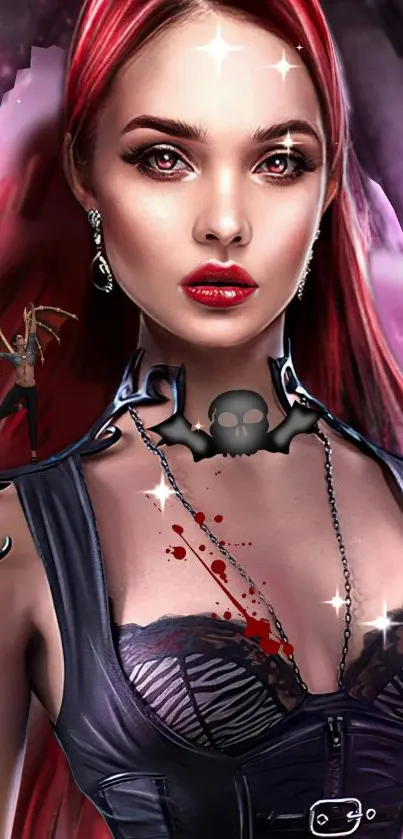 Vibrant gothic female fantasy vampire art with red and black tones.