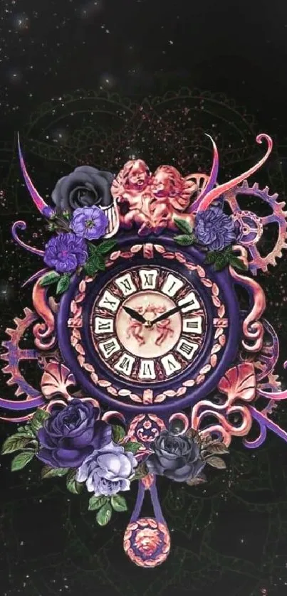 Gothic floral clock with purple roses and cherubs on a black background.