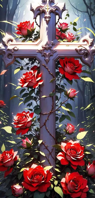 Vibrant Gothic cross with red roses in mystical forest scene.