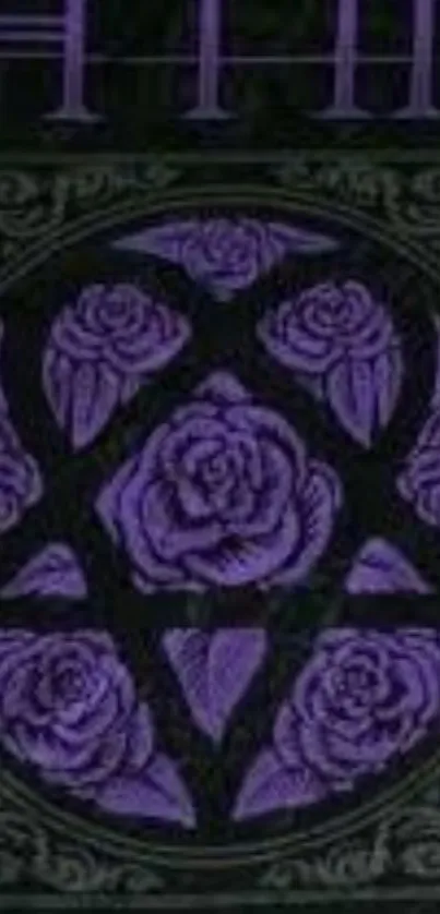 Gothic wallpaper with purple floral and geometric design on a dark background.