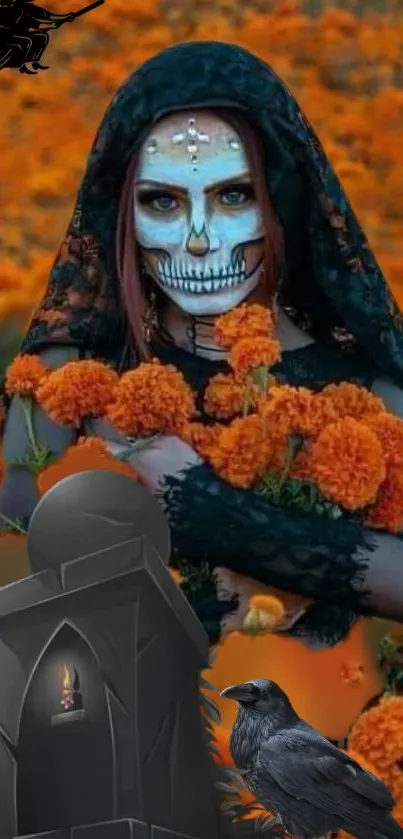 Gothic figure with marigolds and raven in Halloween theme.