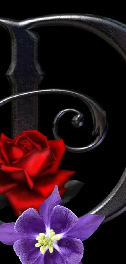 Gothic letter D with red rose and purple flower design.