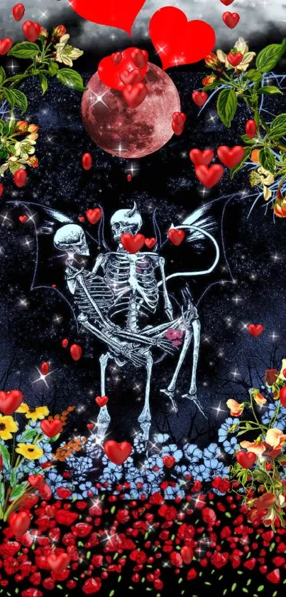 A gothic wallpaper with skeletons, flowers, and hearts on a starry background.