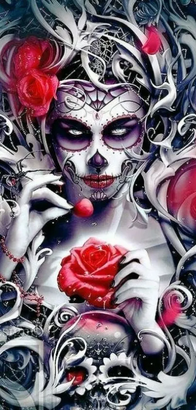 Intricate gothic skull with vibrant roses on a dark artistic wallpaper.