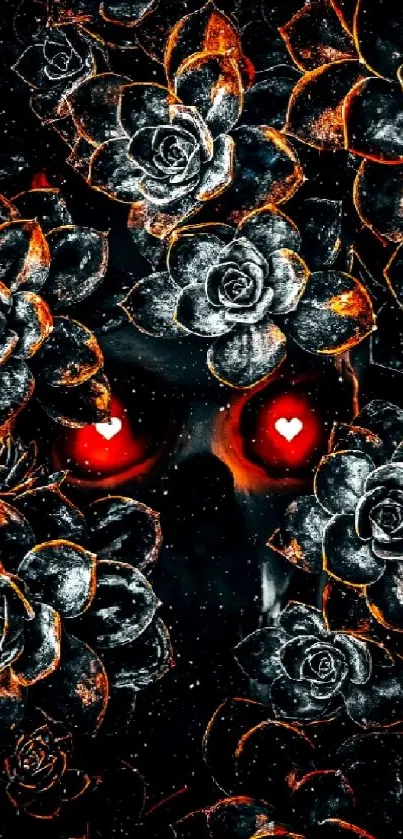 Gothic floral skull with red glowing eyes on a black background.