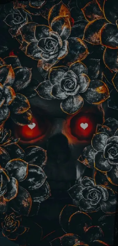 Gothic skull with red eyes and floral design for mobile wallpaper.