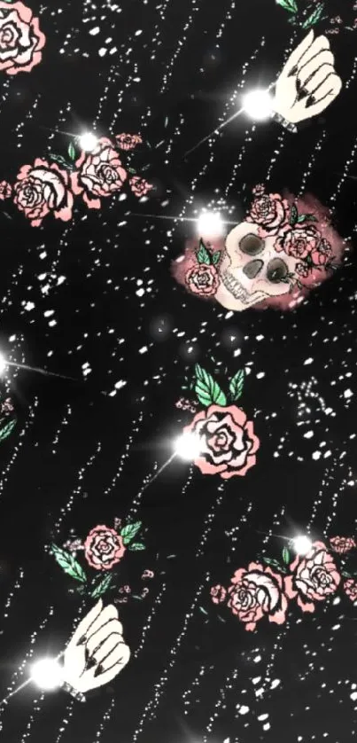 Gothic floral skull wallpaper with roses and stars on a dark background.