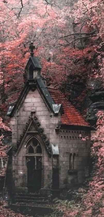 Gothic house surrounded by pink autumn trees in a forest.