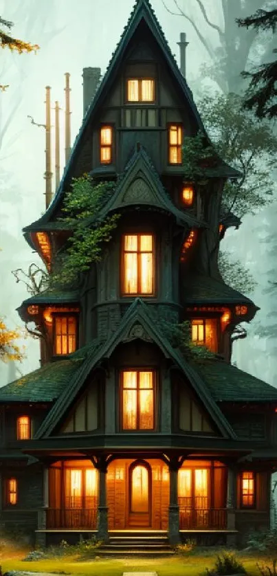 Gothic house with glowing windows in misty forest wallpaper.