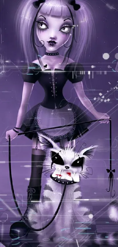 Gothic girl with a cat and floating cards in a mystical purple scene.