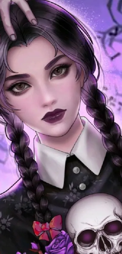 Gothic girl with skull, purple theme backdrop.