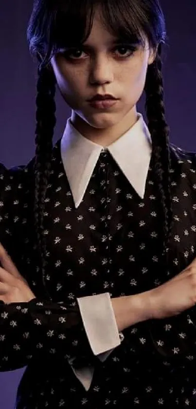 Gothic girl with dark braids and white collar against dark background.