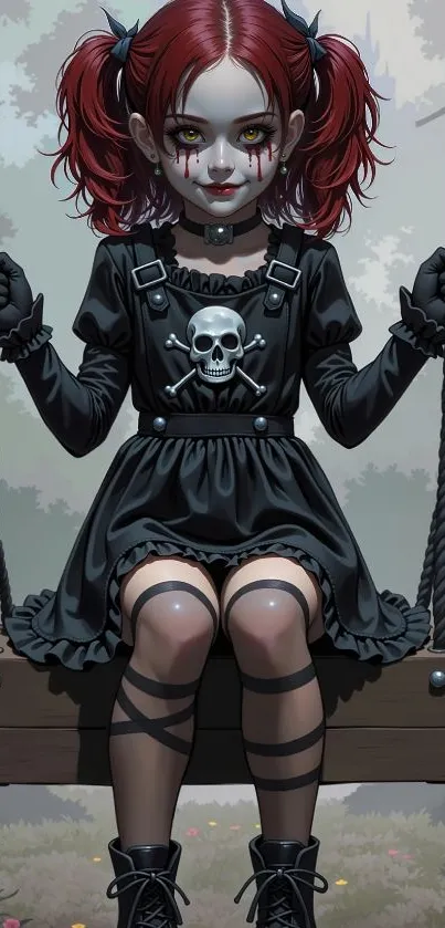 Gothic girl with red hair and black dress on a swing.