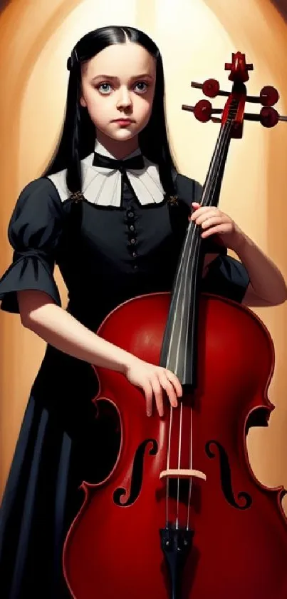 Gothic girl holding a cello with a warm background.