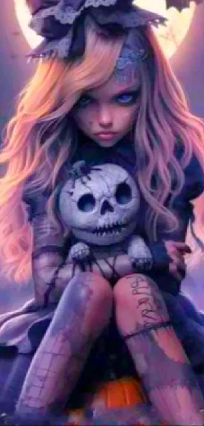 Gothic girl with stitched doll in mystical purple setting.