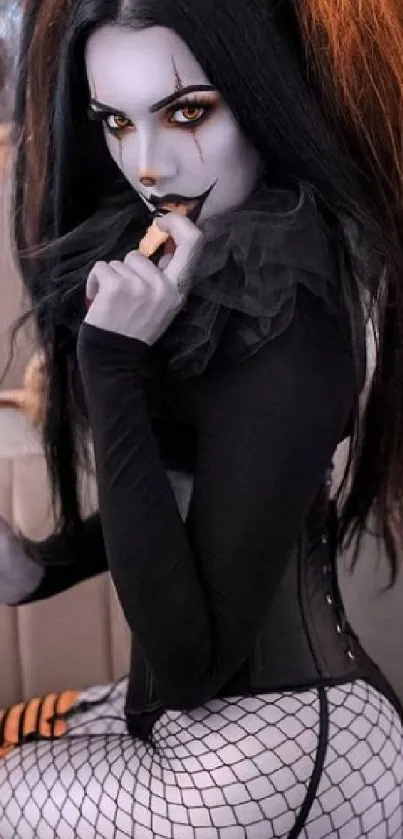 Gothic character holding cotton candy with dark makeup and orange highlights.