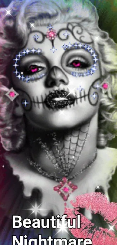 Gothic style art wallpaper with colorful sugar skull motif.