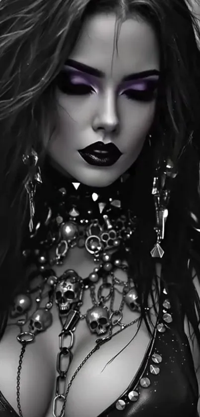 Gothic style woman with dark makeup and elaborate jewelry.
