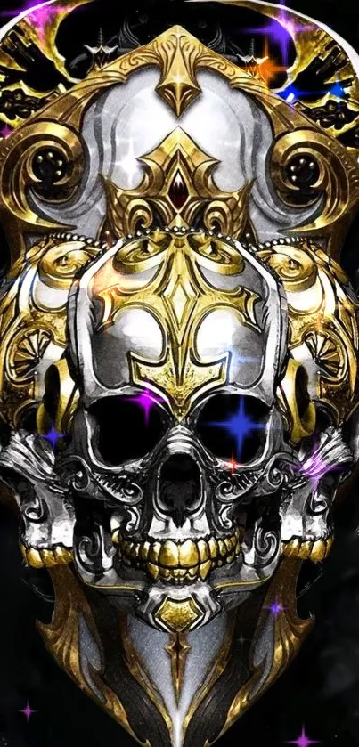 Intricate gold-accented gothic skull art wallpaper.