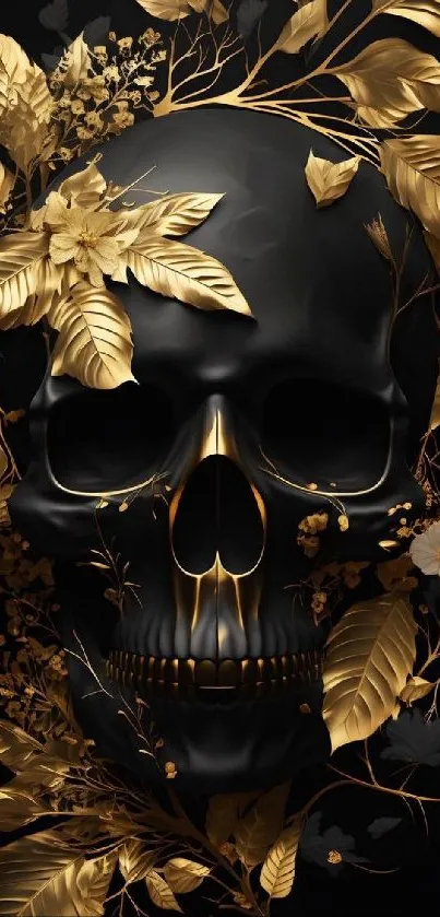 Gothic skull with golden leaves on black background.