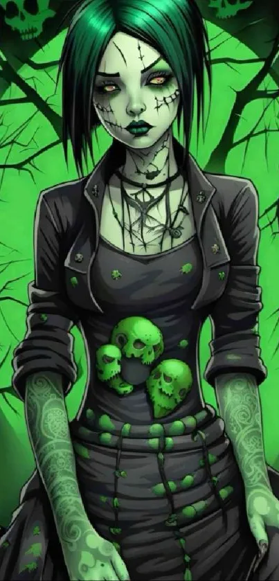 Gothic green-haired anime character with skulls and dark trees background.