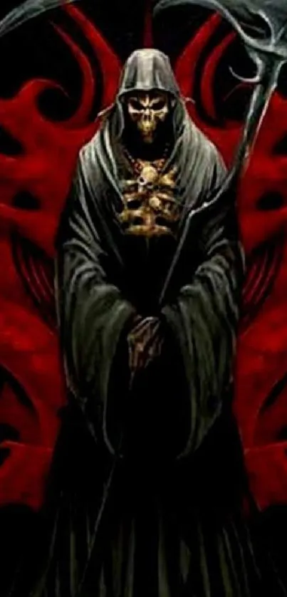 Gothic Grim Reaper art with red accents and dark, mysterious aura.