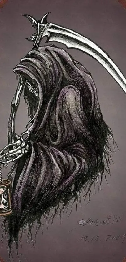 Gothic Grim Reaper with scythe and hourglass in dark tones.