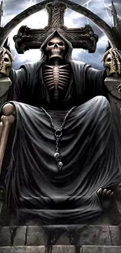 Gothic artwork featuring a Grim Reaper on a throne with skulls and chains.