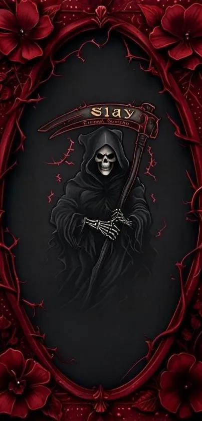 Gothic Grim Reaper framed by red flowers.