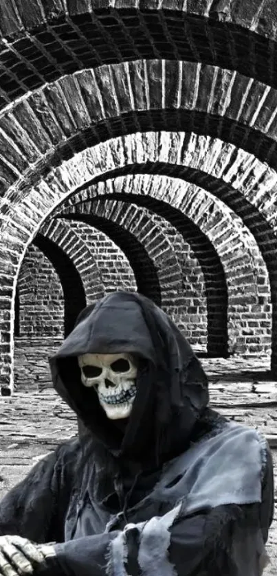 Gothic Grim Reaper under stone arches in eerie setting