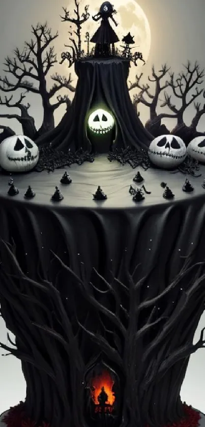 Gothic Halloween-themed wallpaper with eerie dark pumpkins and moonlit trees.