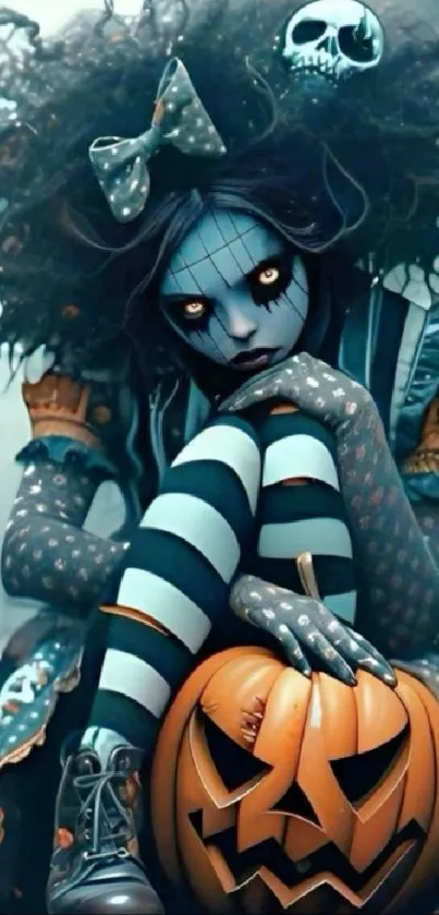 Spooky gothic character with pumpkin and skull, blue accents on Halloween wallpaper.